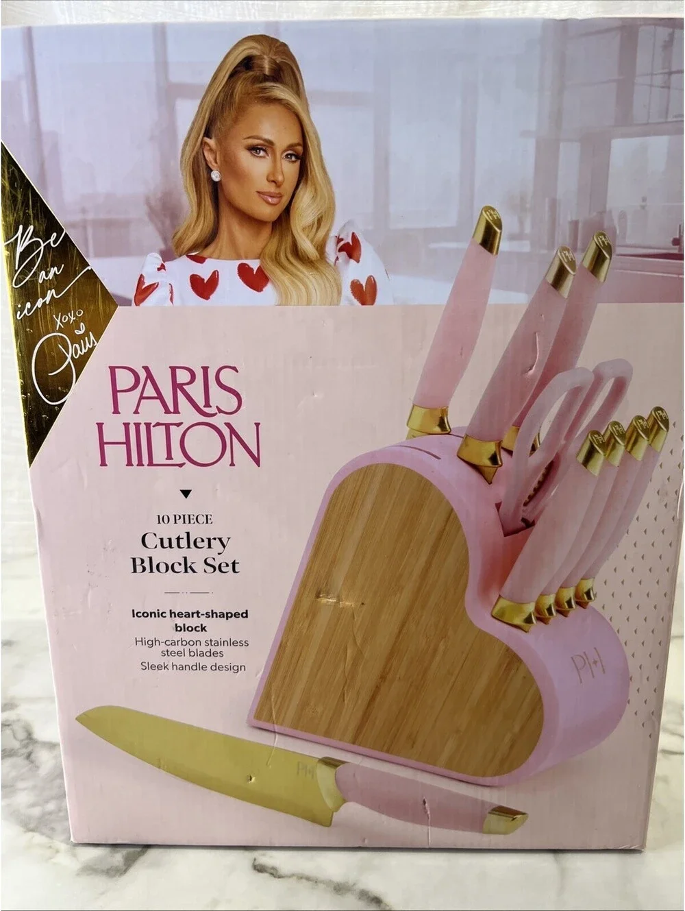 Paris Hilton 10-Piece Heart-Shaped Stainless Steel Knife Block Set, Pink